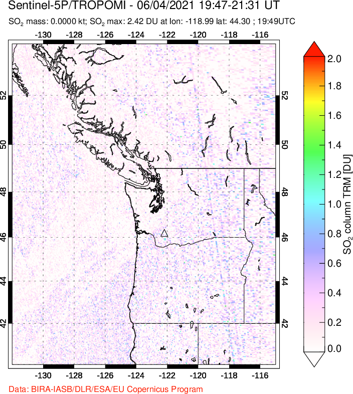 A sulfur dioxide image over Cascade Range, USA on Jun 04, 2021.