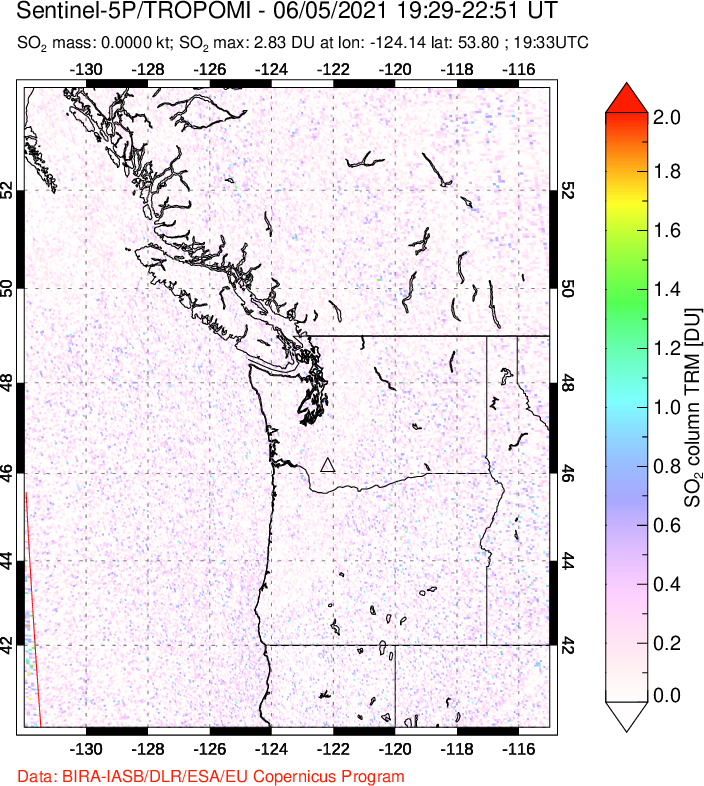 A sulfur dioxide image over Cascade Range, USA on Jun 05, 2021.