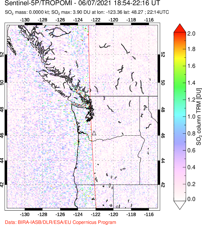 A sulfur dioxide image over Cascade Range, USA on Jun 07, 2021.