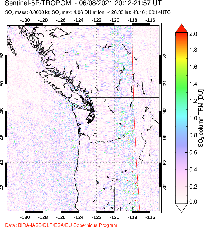 A sulfur dioxide image over Cascade Range, USA on Jun 08, 2021.