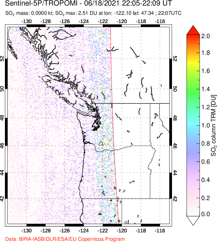A sulfur dioxide image over Cascade Range, USA on Jun 18, 2021.