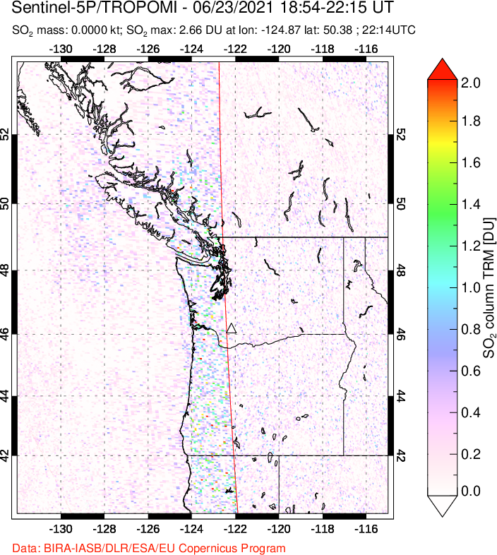 A sulfur dioxide image over Cascade Range, USA on Jun 23, 2021.