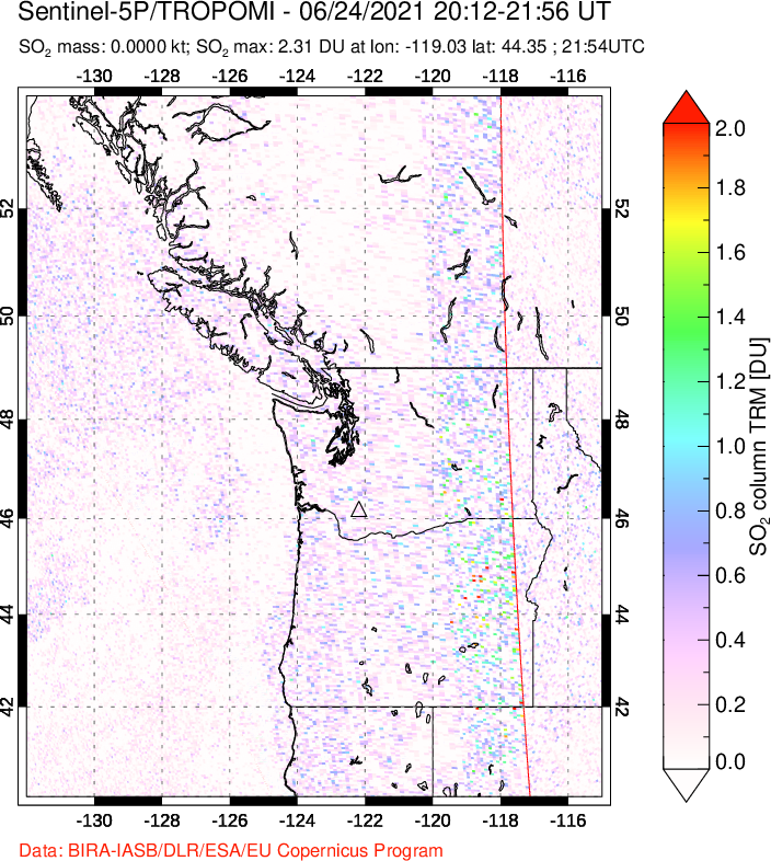 A sulfur dioxide image over Cascade Range, USA on Jun 24, 2021.