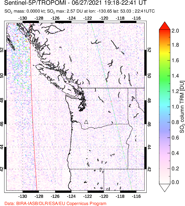 A sulfur dioxide image over Cascade Range, USA on Jun 27, 2021.