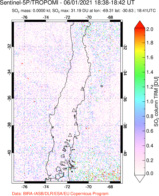 A sulfur dioxide image over Central Chile on Jun 01, 2021.