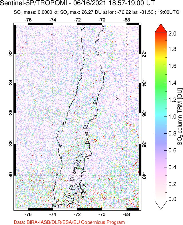 A sulfur dioxide image over Central Chile on Jun 16, 2021.