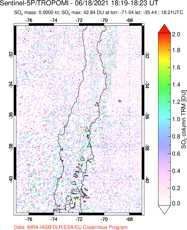 A sulfur dioxide image over Central Chile on Jun 18, 2021.