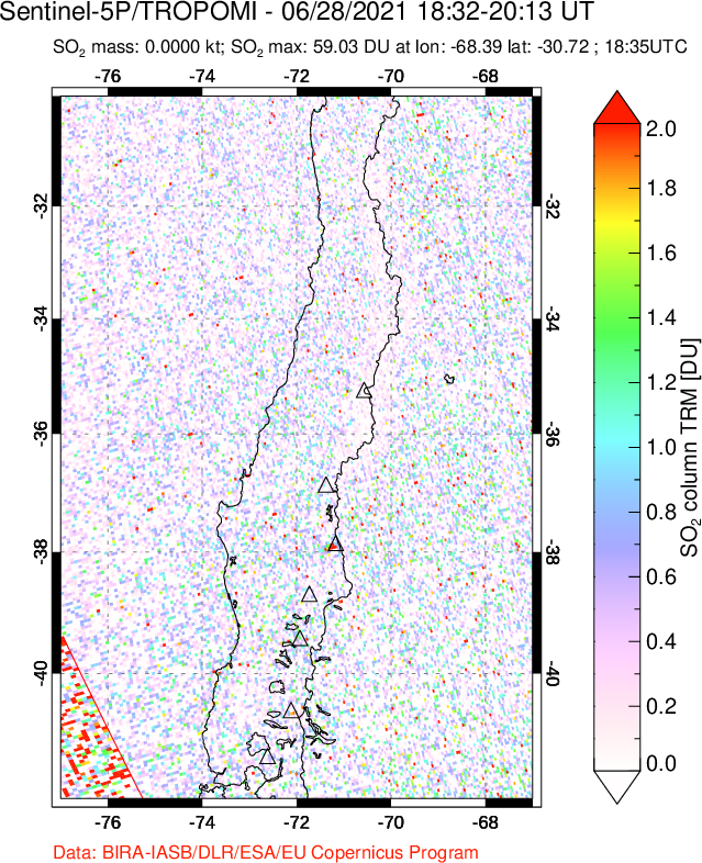 A sulfur dioxide image over Central Chile on Jun 28, 2021.