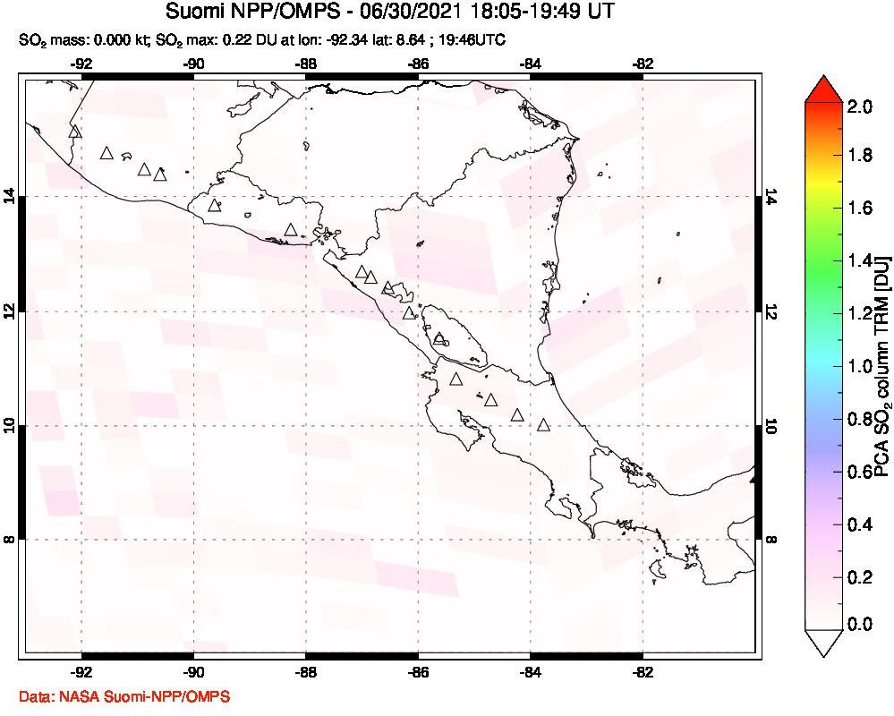 A sulfur dioxide image over Central America on Jun 30, 2021.