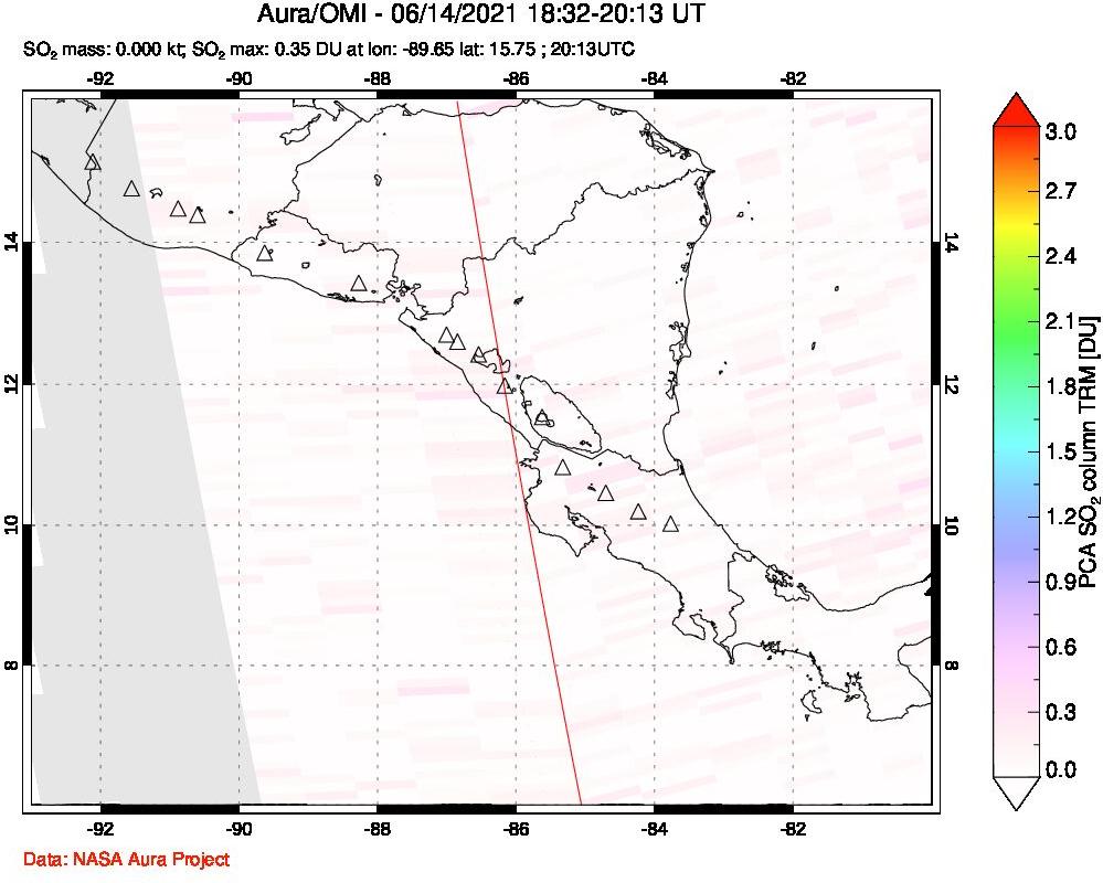 A sulfur dioxide image over Central America on Jun 14, 2021.