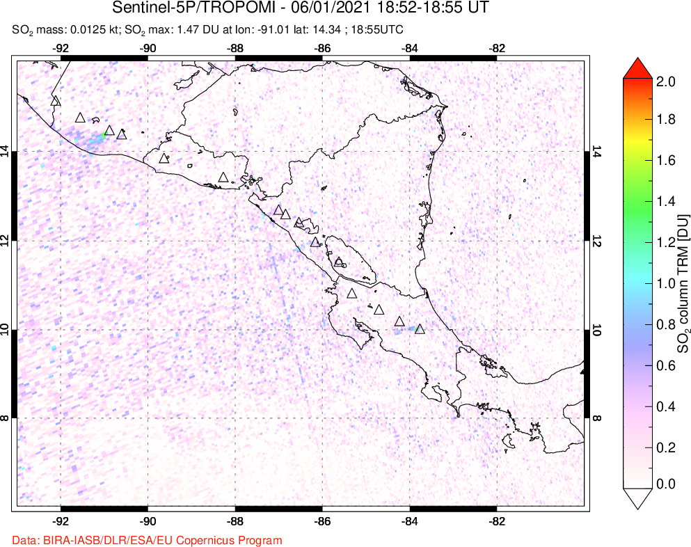 A sulfur dioxide image over Central America on Jun 01, 2021.