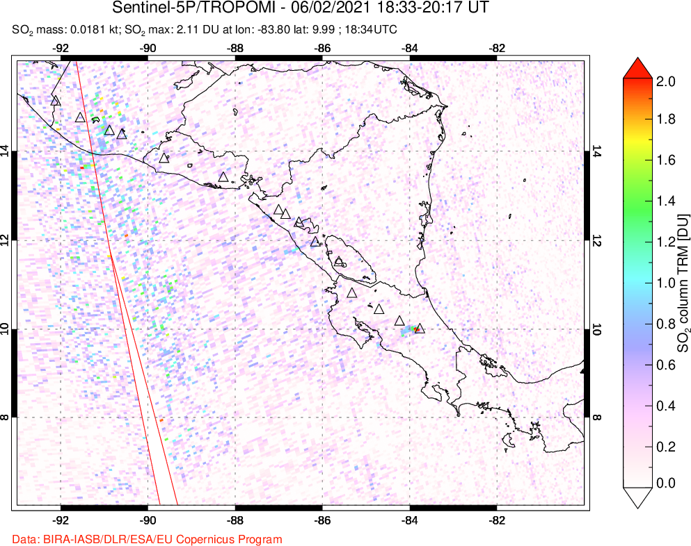 A sulfur dioxide image over Central America on Jun 02, 2021.