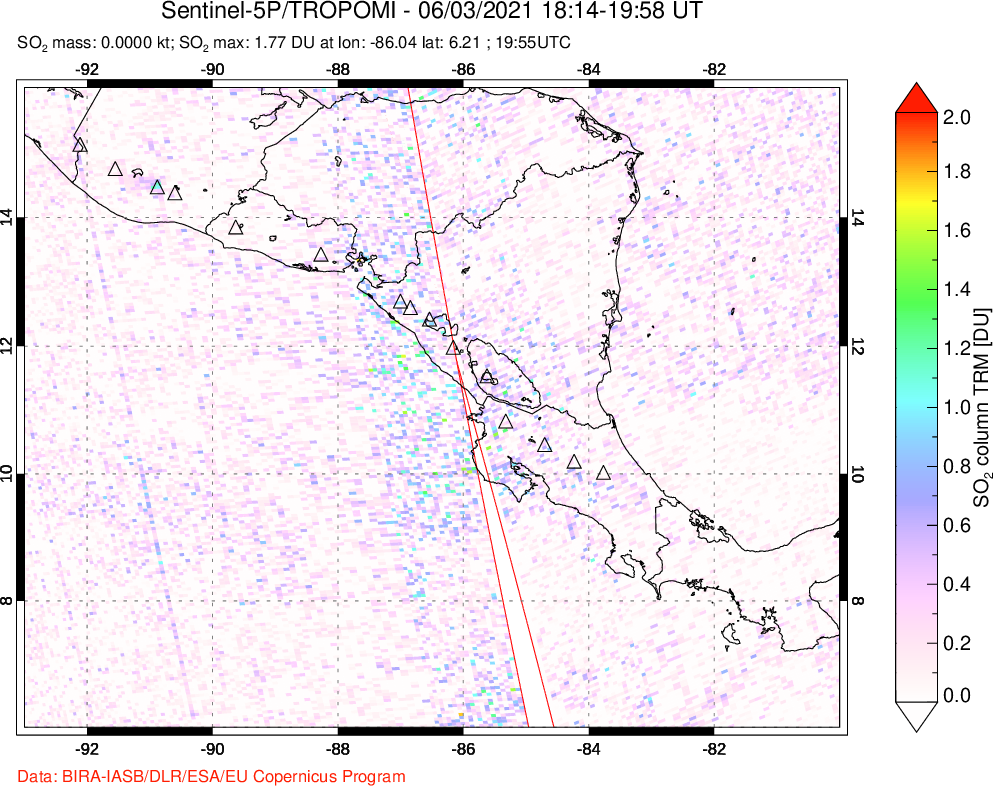 A sulfur dioxide image over Central America on Jun 03, 2021.