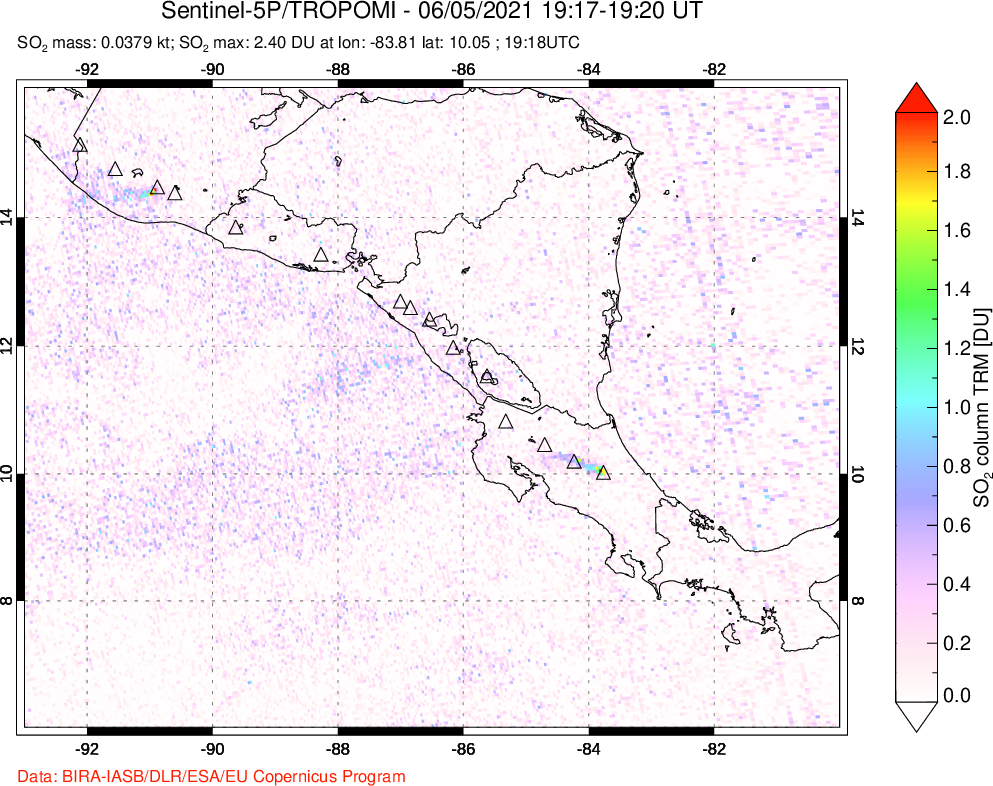 A sulfur dioxide image over Central America on Jun 05, 2021.