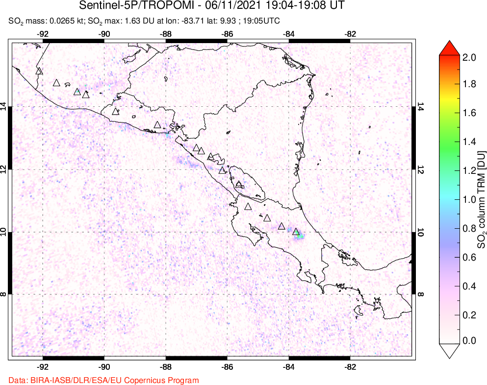 A sulfur dioxide image over Central America on Jun 11, 2021.