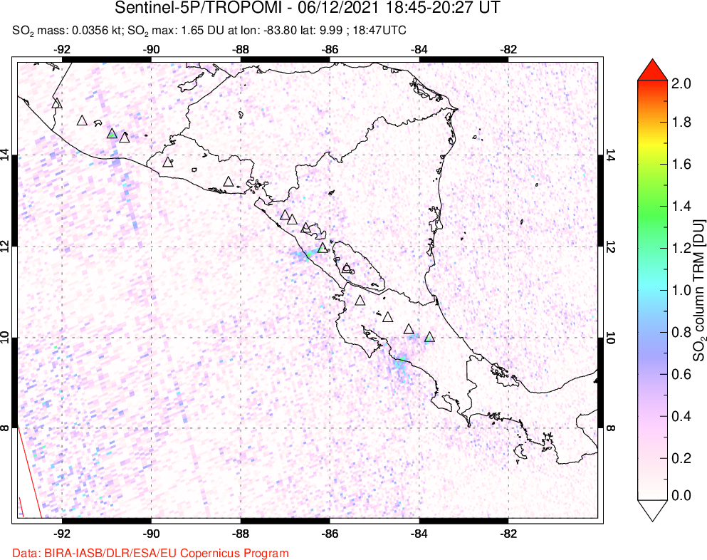 A sulfur dioxide image over Central America on Jun 12, 2021.