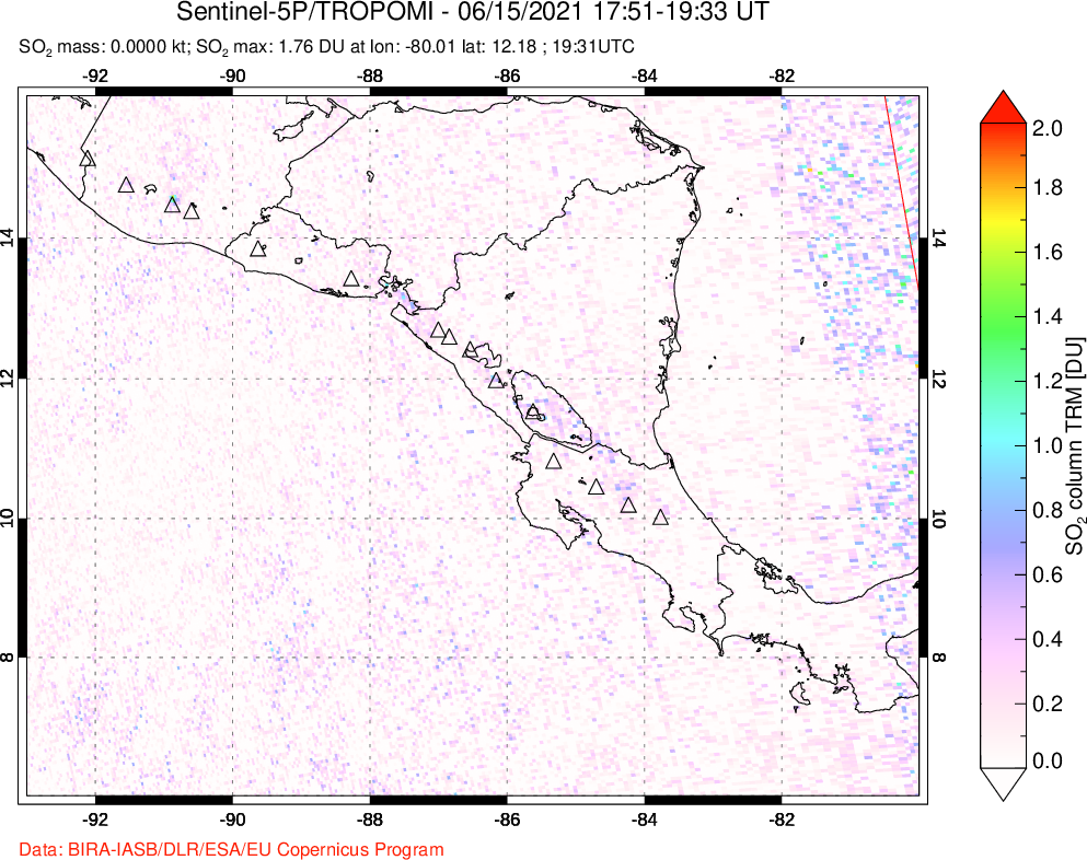 A sulfur dioxide image over Central America on Jun 15, 2021.