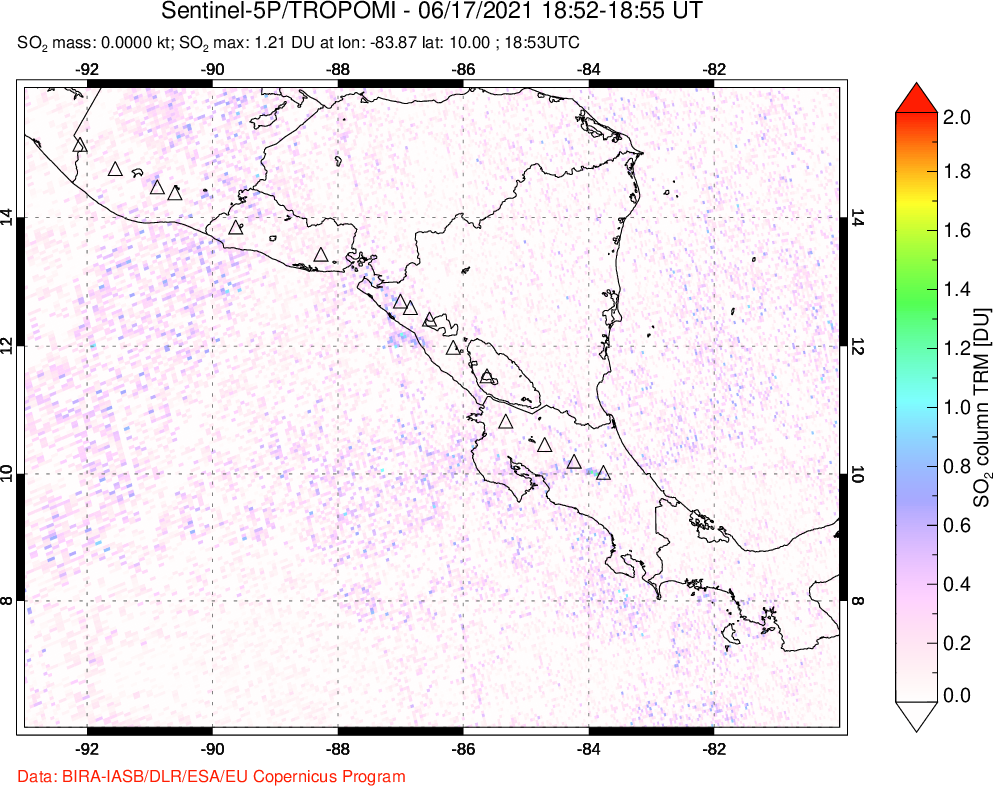 A sulfur dioxide image over Central America on Jun 17, 2021.
