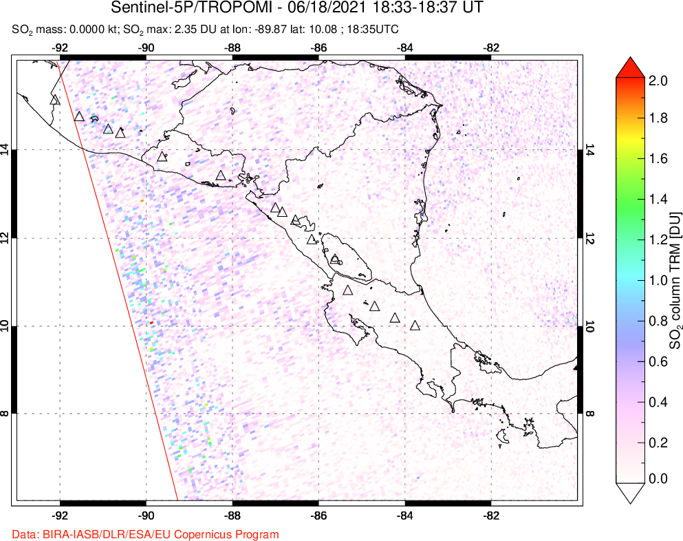A sulfur dioxide image over Central America on Jun 18, 2021.