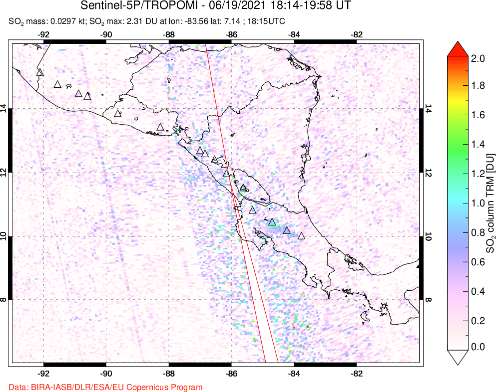 A sulfur dioxide image over Central America on Jun 19, 2021.