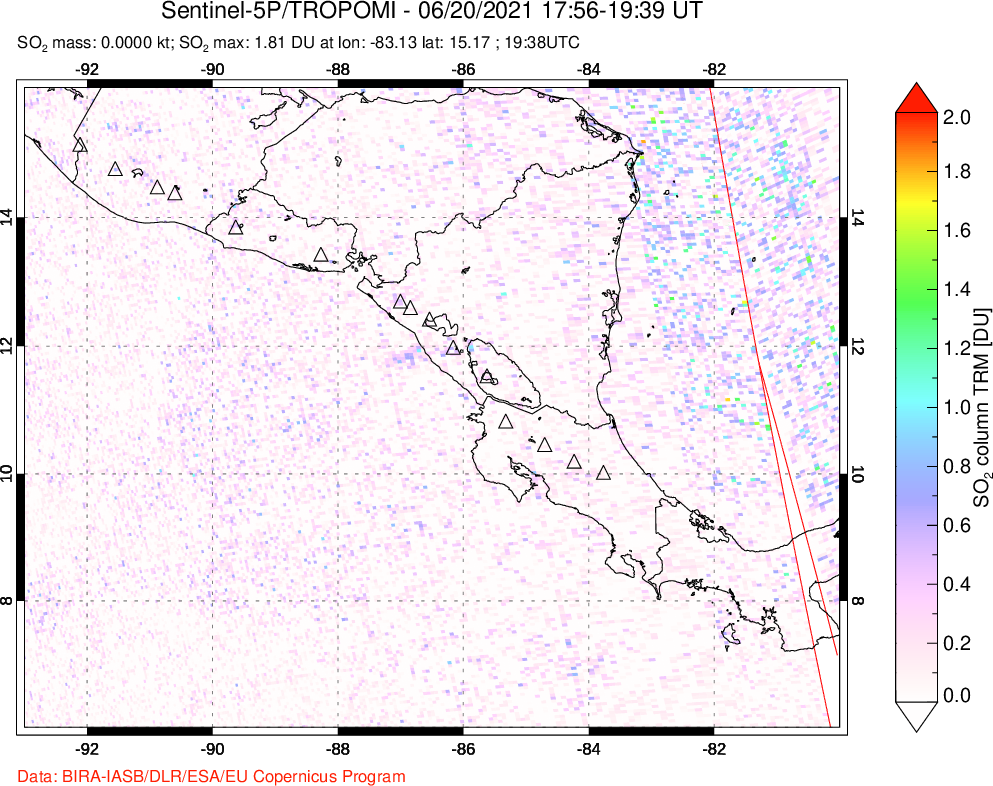 A sulfur dioxide image over Central America on Jun 20, 2021.
