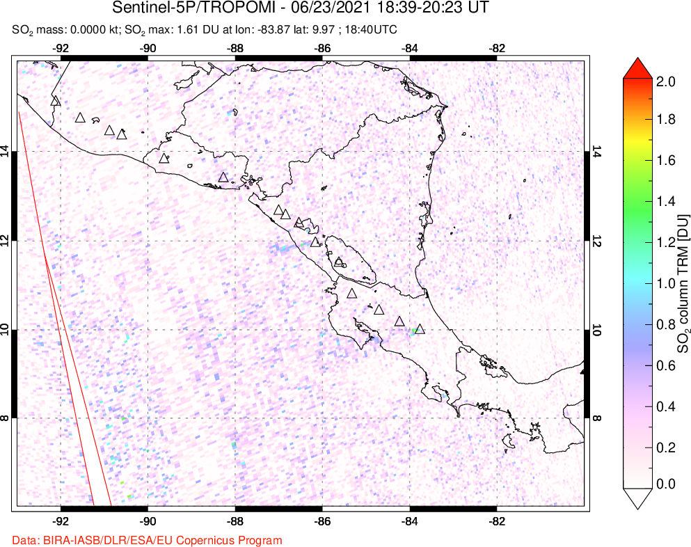 A sulfur dioxide image over Central America on Jun 23, 2021.