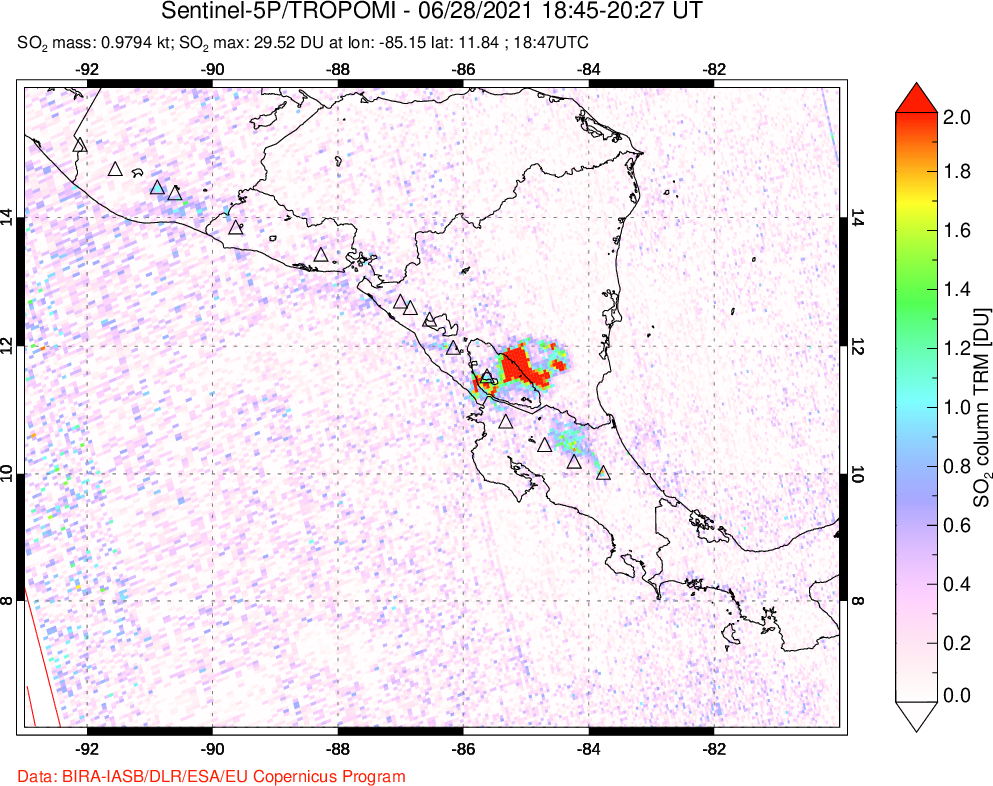 A sulfur dioxide image over Central America on Jun 28, 2021.