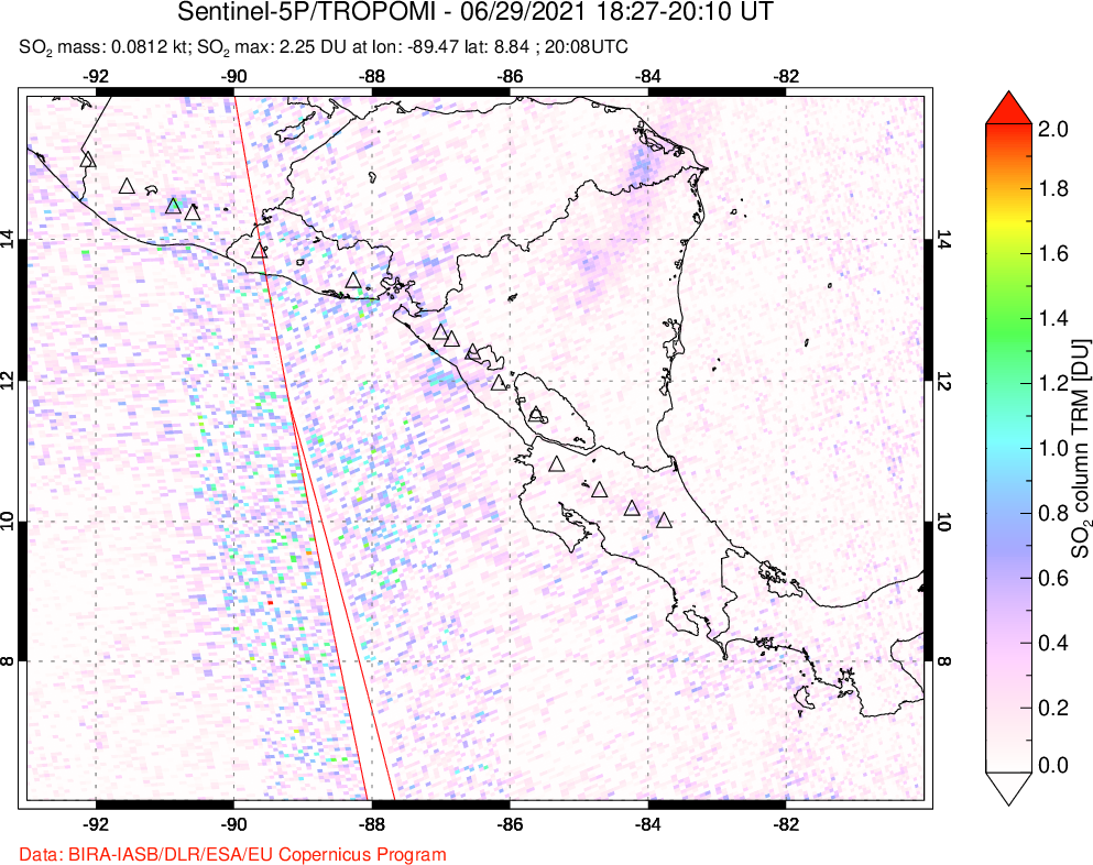 A sulfur dioxide image over Central America on Jun 29, 2021.