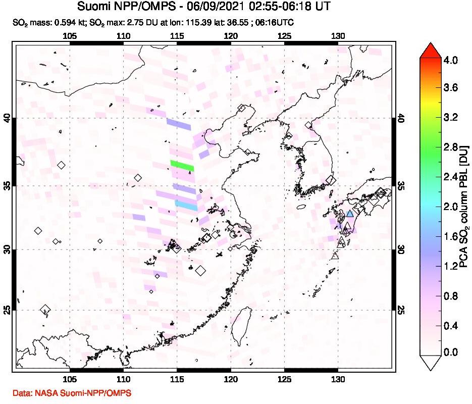 A sulfur dioxide image over Eastern China on Jun 09, 2021.