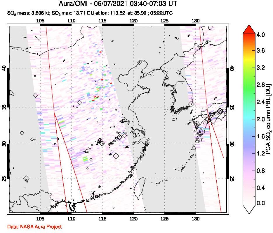 A sulfur dioxide image over Eastern China on Jun 07, 2021.