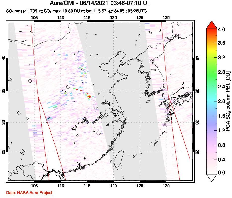 A sulfur dioxide image over Eastern China on Jun 14, 2021.