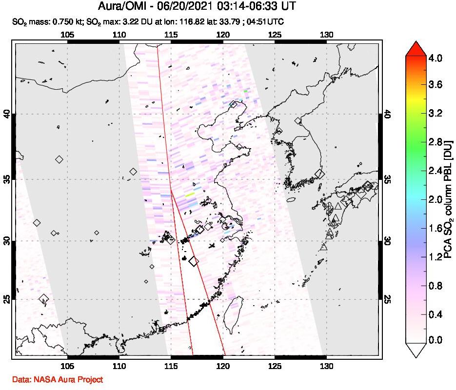 A sulfur dioxide image over Eastern China on Jun 20, 2021.