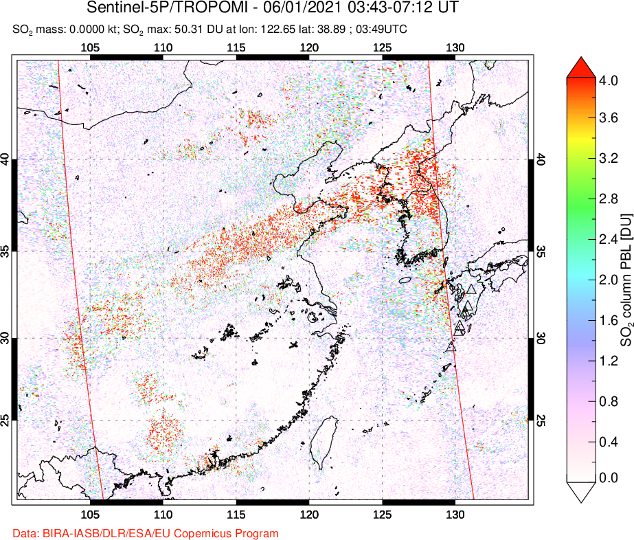 A sulfur dioxide image over Eastern China on Jun 01, 2021.