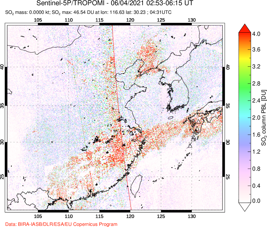 A sulfur dioxide image over Eastern China on Jun 04, 2021.