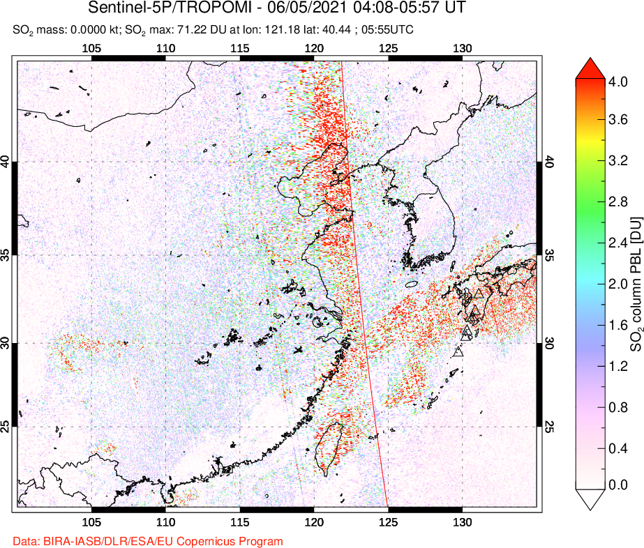 A sulfur dioxide image over Eastern China on Jun 05, 2021.