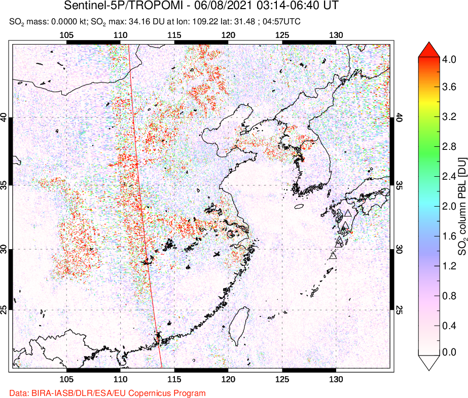 A sulfur dioxide image over Eastern China on Jun 08, 2021.