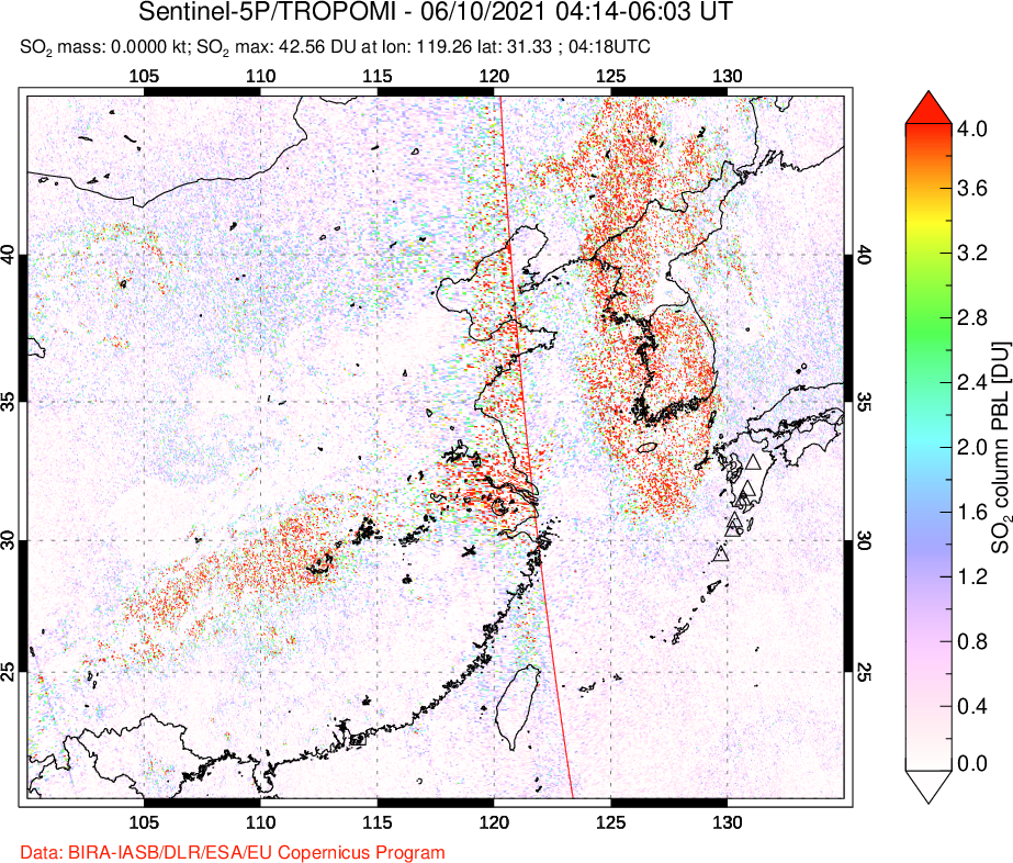 A sulfur dioxide image over Eastern China on Jun 10, 2021.