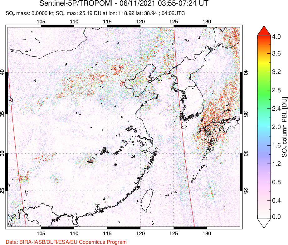 A sulfur dioxide image over Eastern China on Jun 11, 2021.