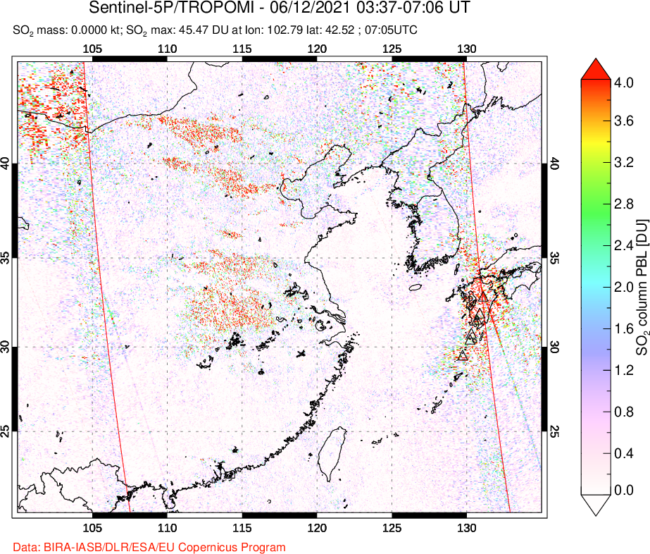 A sulfur dioxide image over Eastern China on Jun 12, 2021.