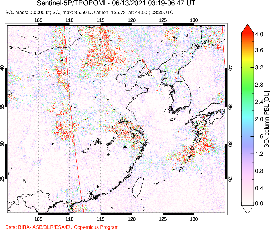 A sulfur dioxide image over Eastern China on Jun 13, 2021.