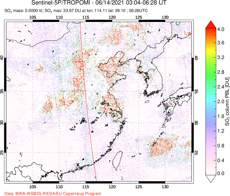 A sulfur dioxide image over Eastern China on Jun 14, 2021.