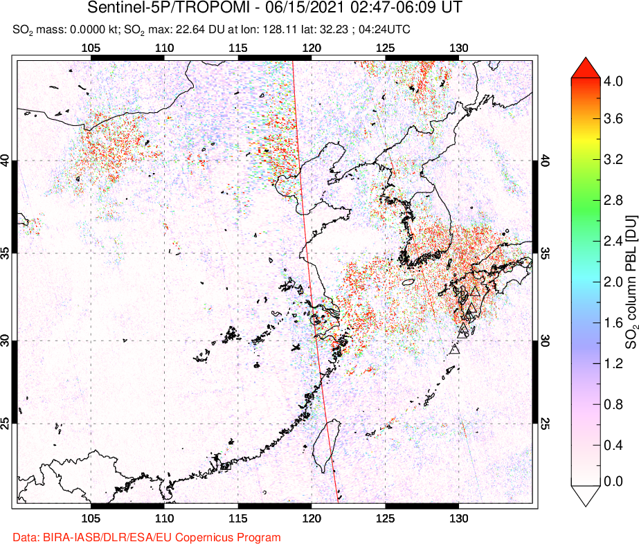 A sulfur dioxide image over Eastern China on Jun 15, 2021.