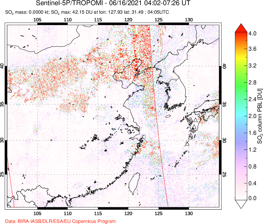 A sulfur dioxide image over Eastern China on Jun 16, 2021.