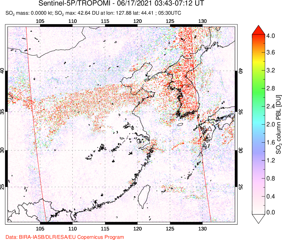 A sulfur dioxide image over Eastern China on Jun 17, 2021.