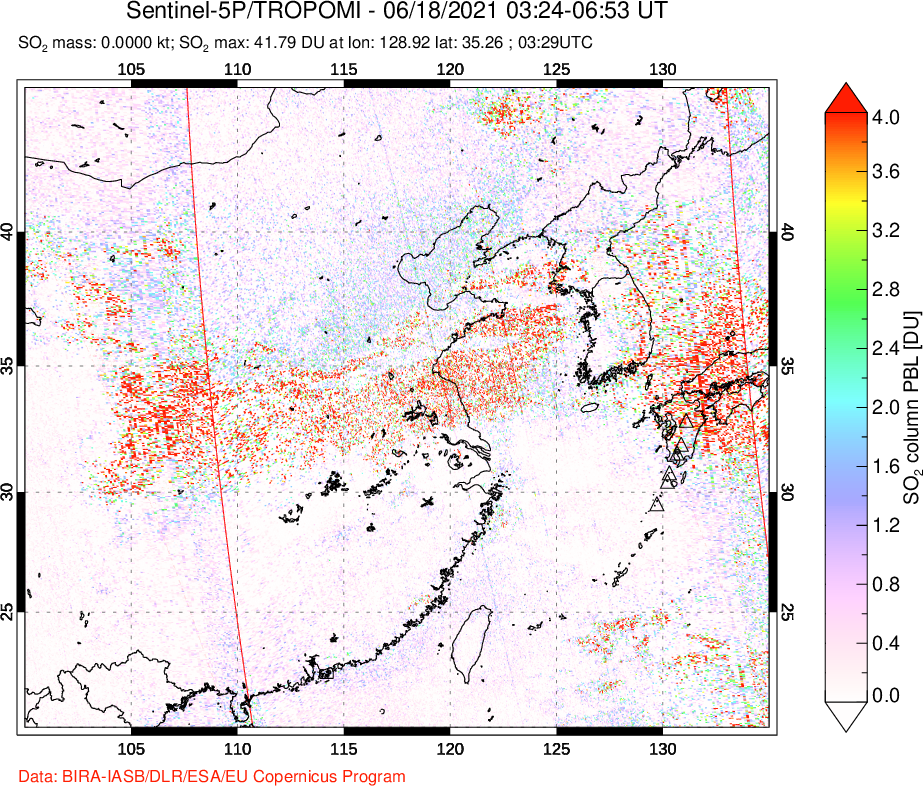 A sulfur dioxide image over Eastern China on Jun 18, 2021.