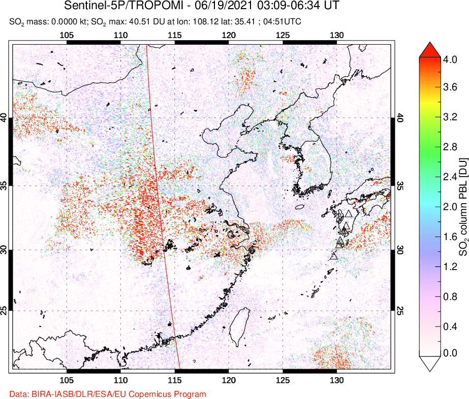A sulfur dioxide image over Eastern China on Jun 19, 2021.