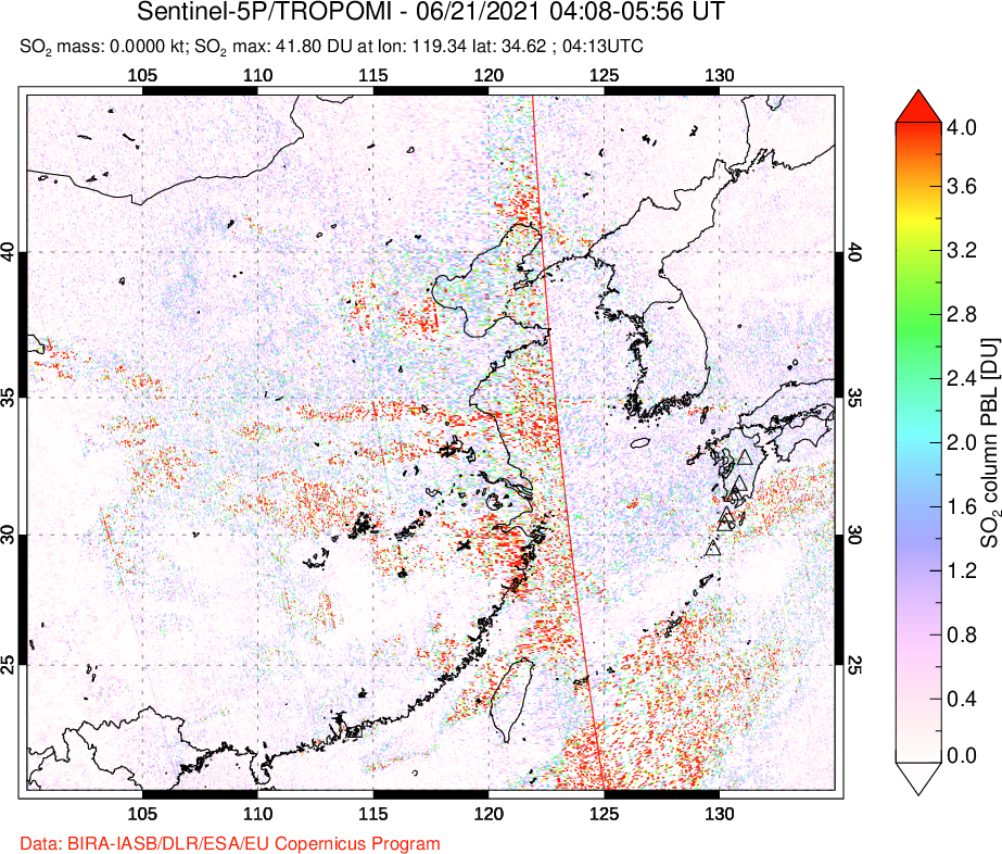 A sulfur dioxide image over Eastern China on Jun 21, 2021.