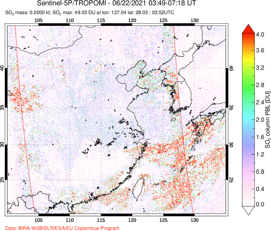 A sulfur dioxide image over Eastern China on Jun 22, 2021.