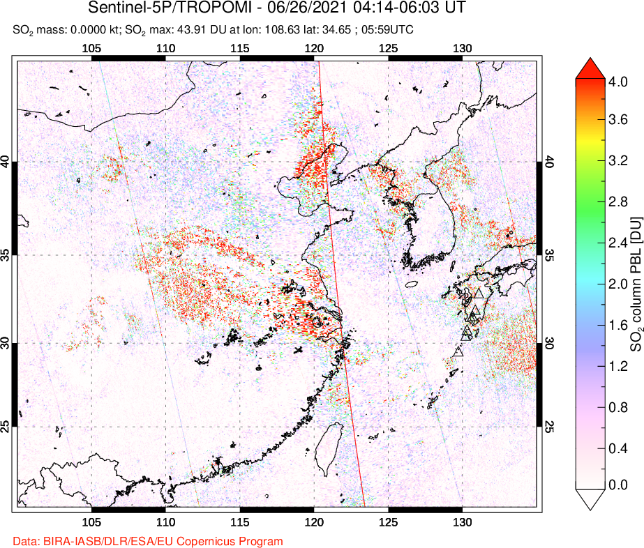 A sulfur dioxide image over Eastern China on Jun 26, 2021.
