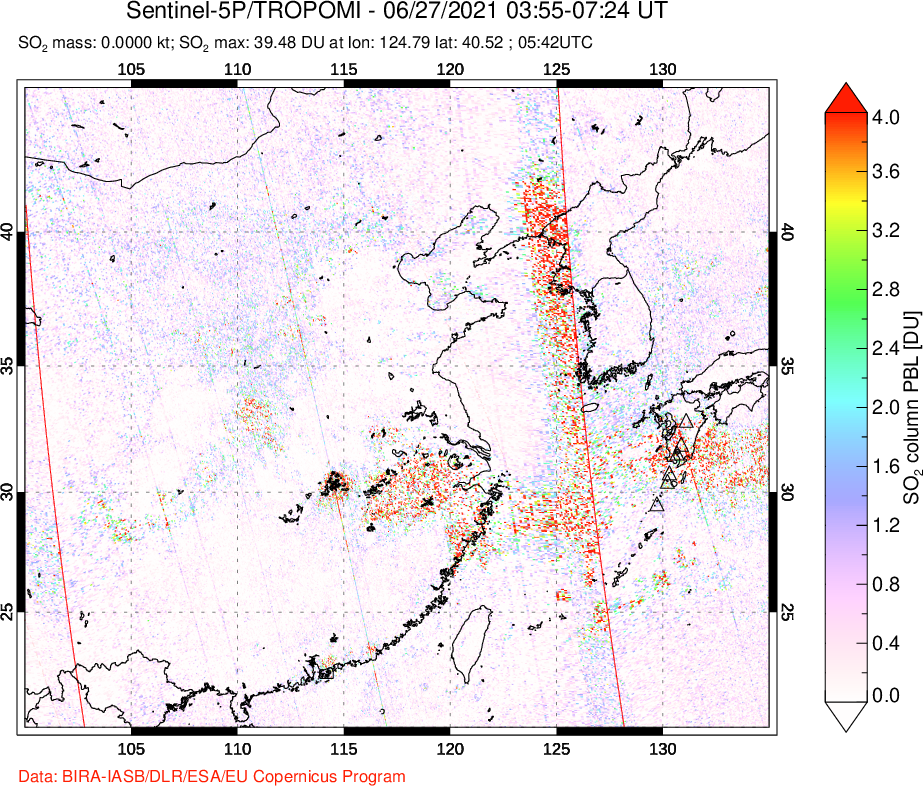 A sulfur dioxide image over Eastern China on Jun 27, 2021.